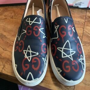 Gucci Men's Blue Slip-Ons with Red and White Design